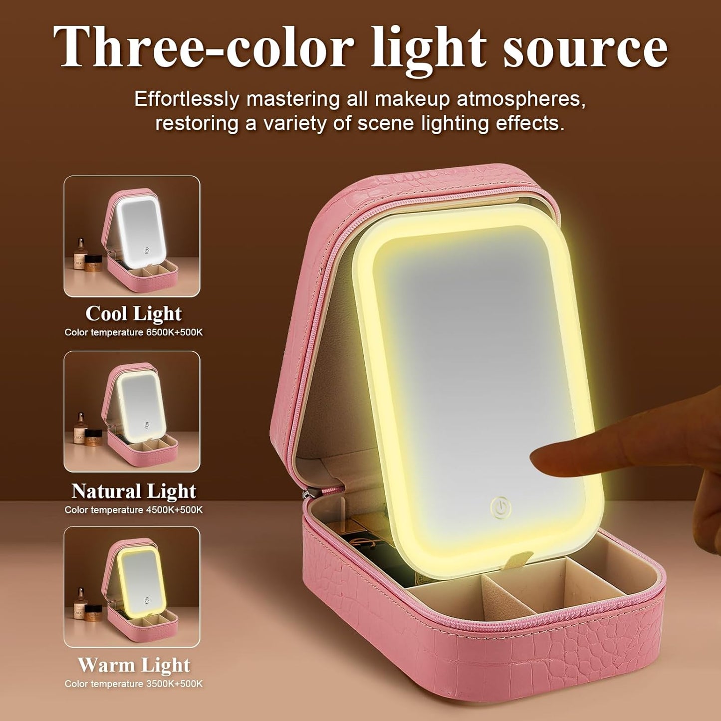 Makeup Mirror Case with 3 Color Light Settings