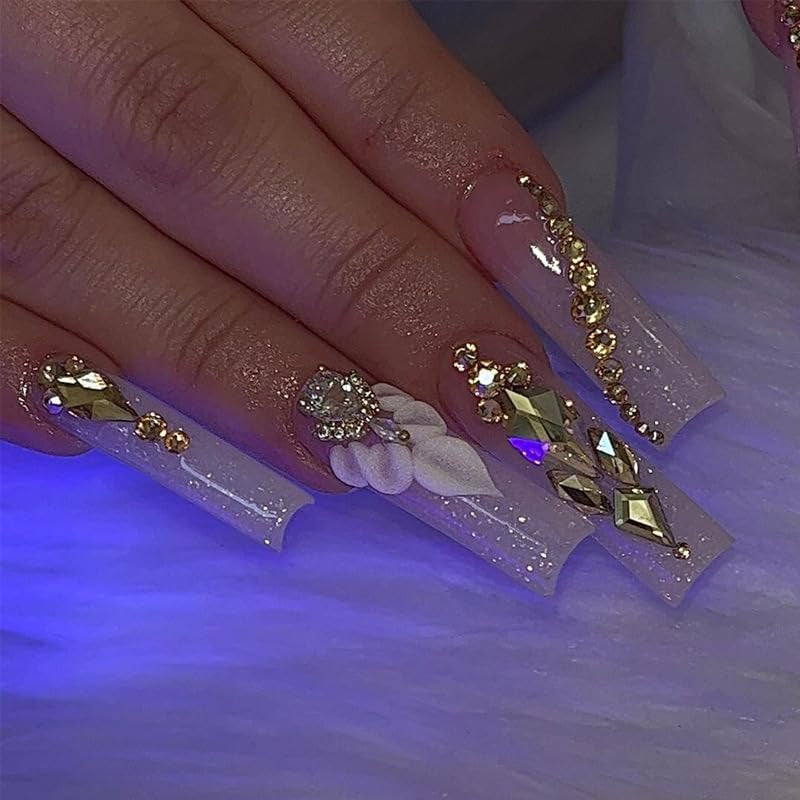 Square Nails with Flower and Rhinestones Design