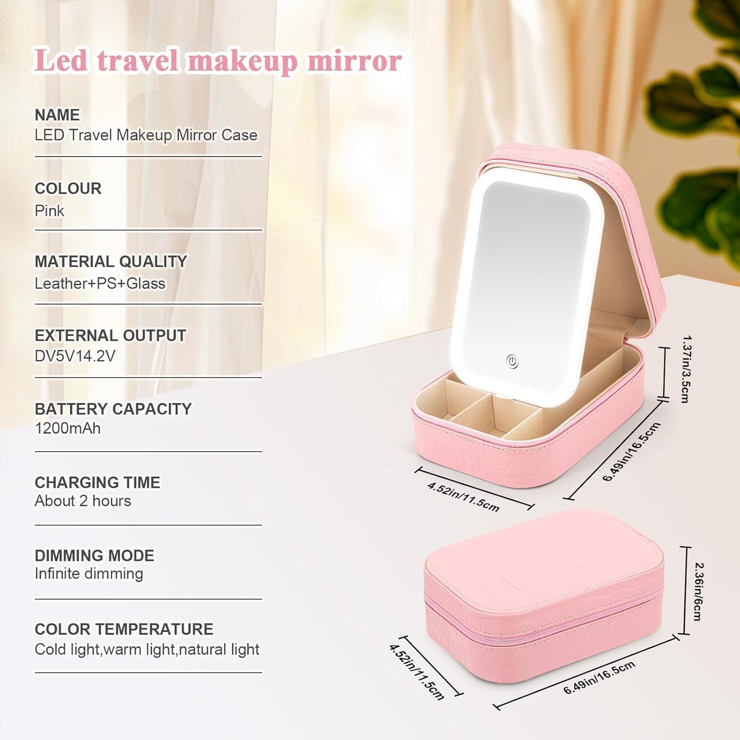Makeup Mirror Case with 3 Color Light Settings