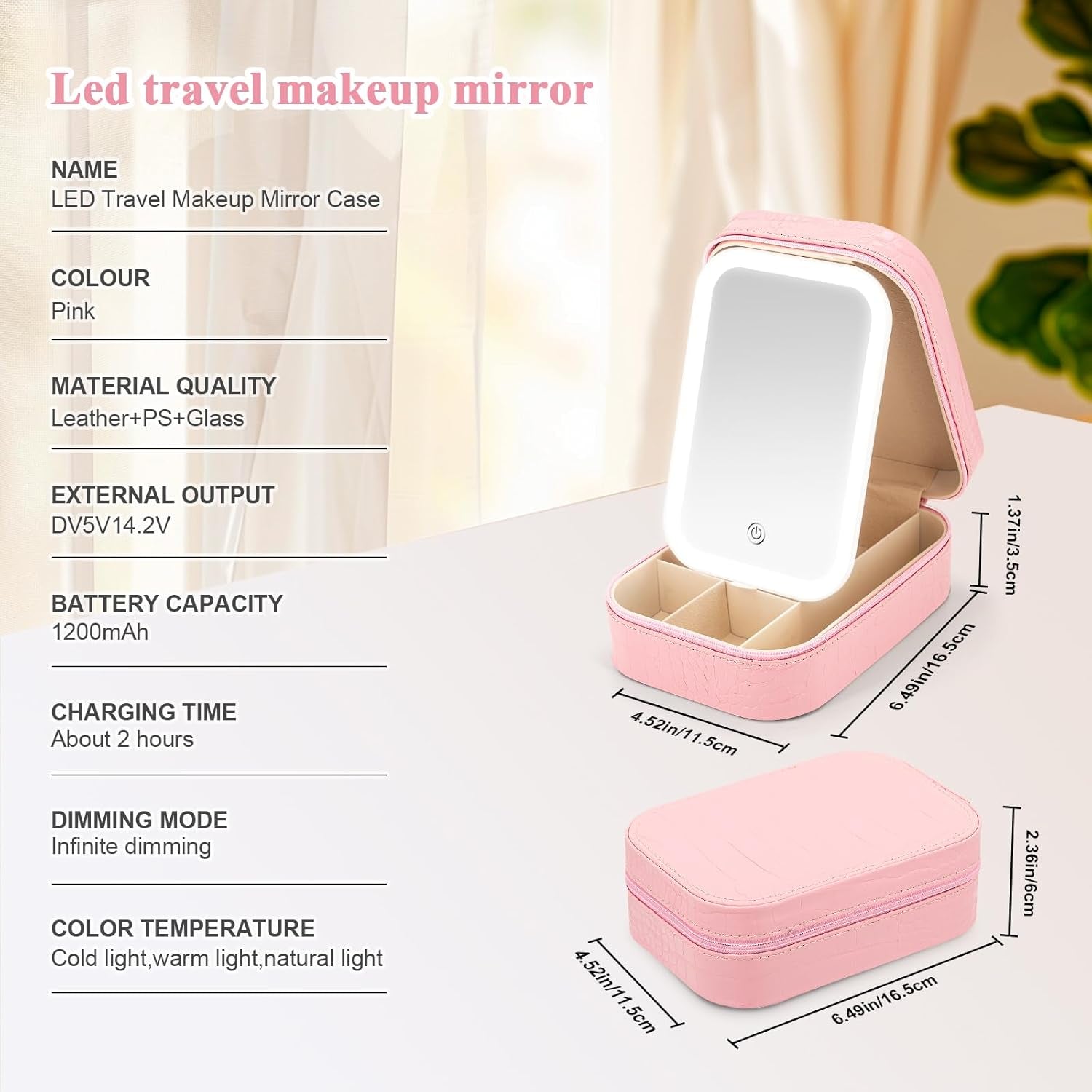 Makeup Mirror Case with 3 Color Light Settings