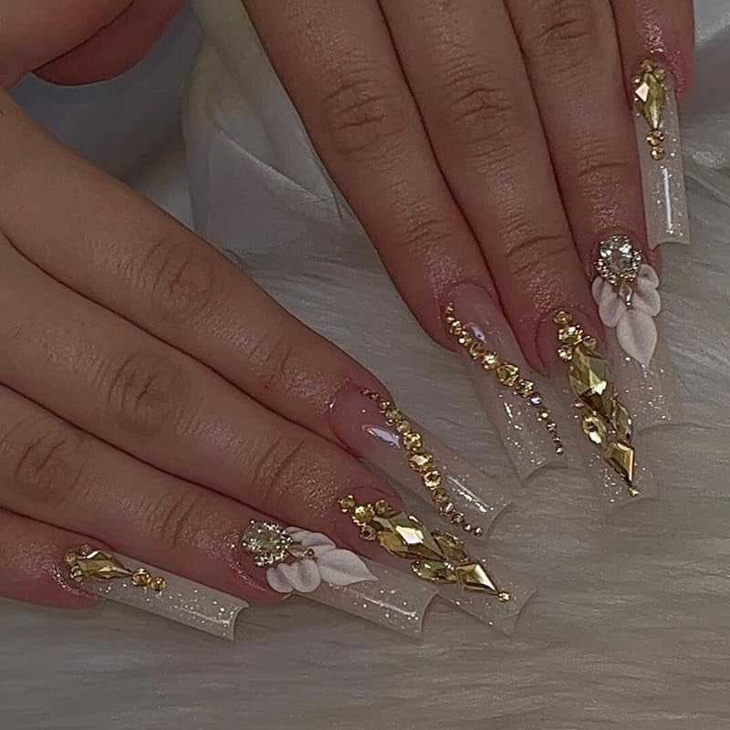 Square Nails with Flower and Rhinestones Design