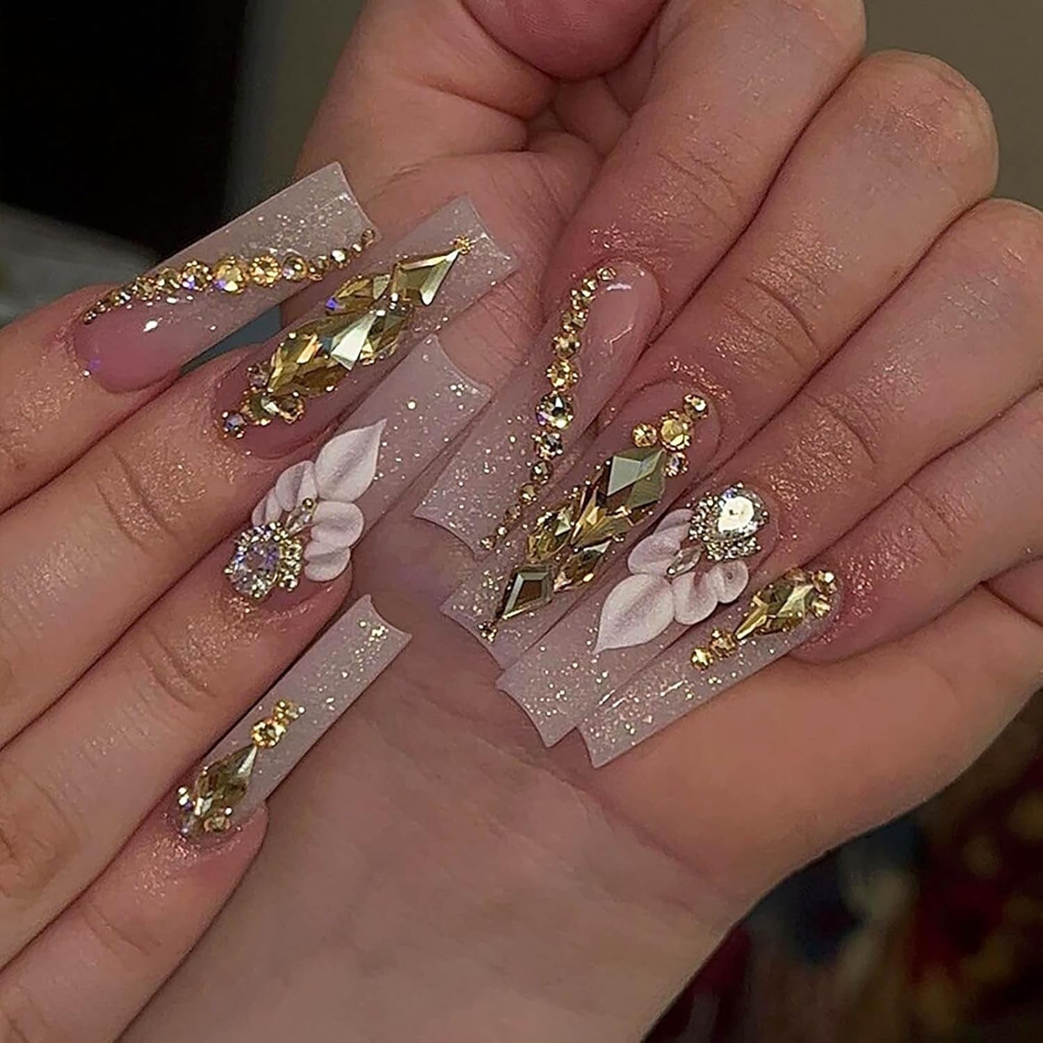 Square Nails with Flower and Rhinestones Design